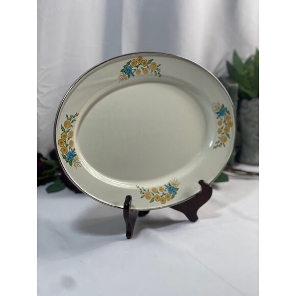 Vintage Oval Metal & Enamel Platter 14"x10" - Floral - Picture 3 of 7